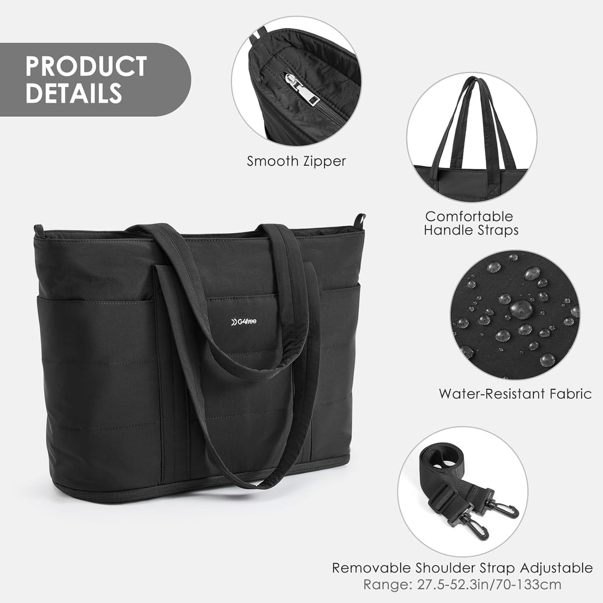 G4Free Puffer  Tote Bag with Zipper Compartments, Expandable Handbag