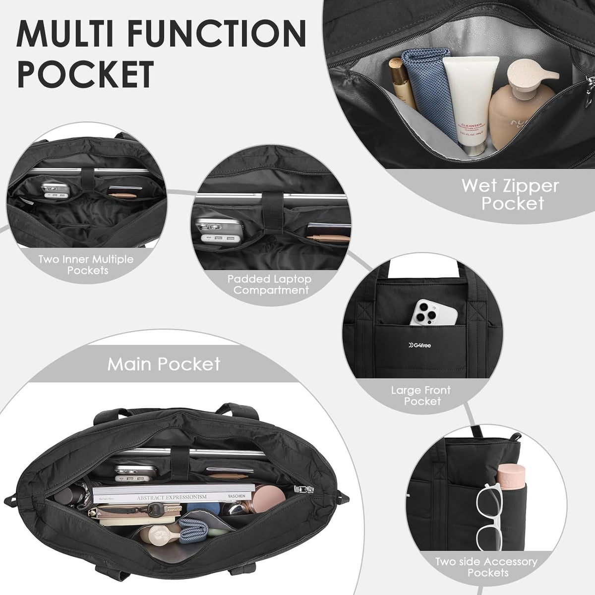 G4Free Puffer  Tote Bag with Zipper Compartments, Expandable Handbag
