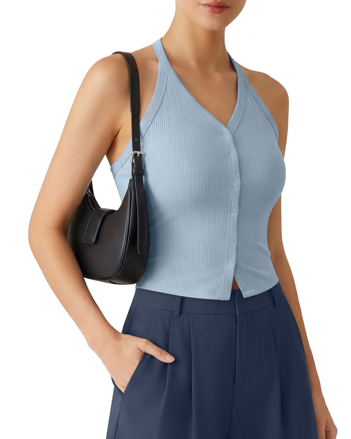 G4Free Ribbed Backless Halter Crop Cami