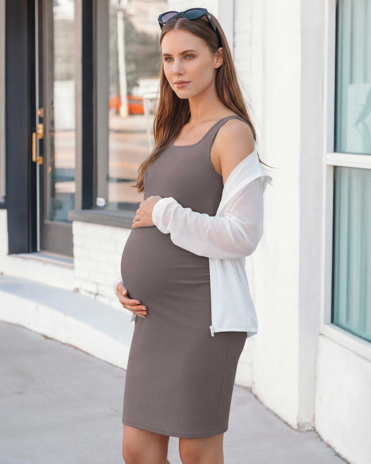G4Free Ribbed Square Neck Midi Maternity Tank Dress