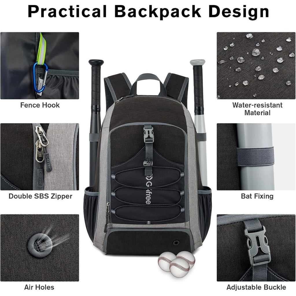G4Free Shoe Compartment Baseball Large Bat Backpack with Fence Hook