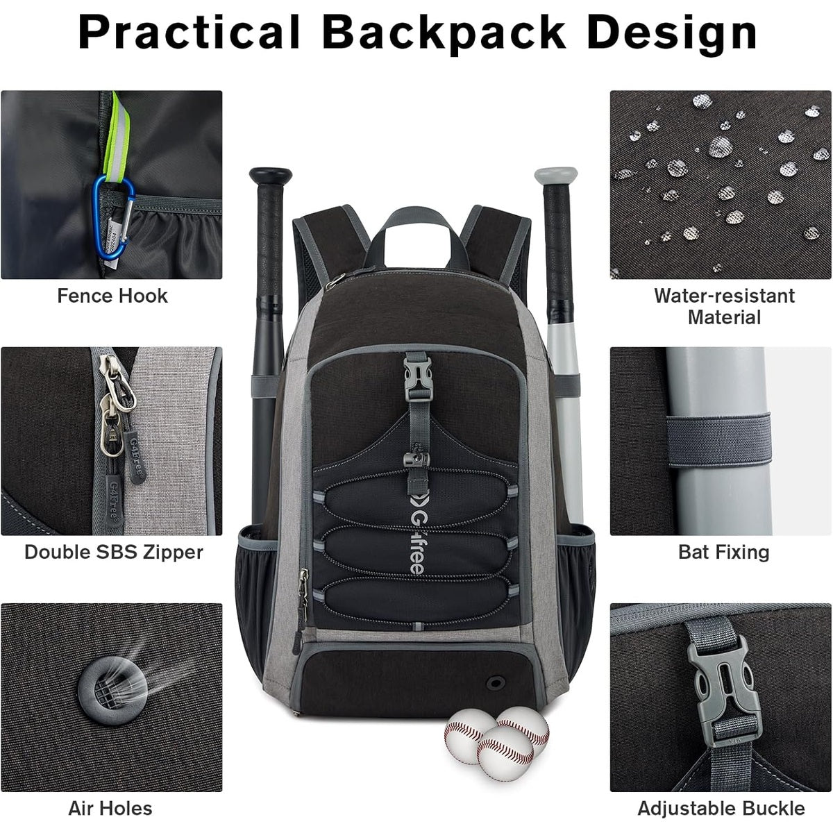 G4Free Shoe Compartment Baseball Large Bat Backpack with Fence Hook