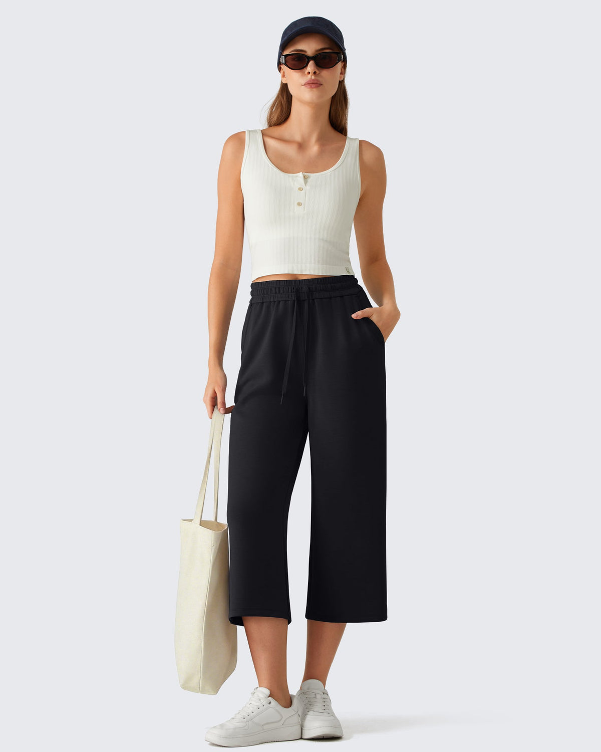 G4Free Smoofit Drawstring Wide Leg Capri Pants with Pockets