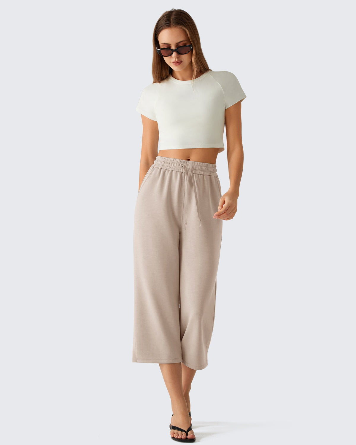 G4Free Smoofit Drawstring Wide Leg Capri Pants with Pockets