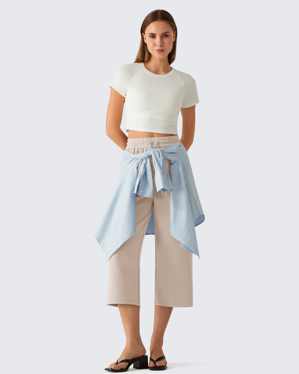 G4Free Smoofit Drawstring Wide Leg Capri Pants with Pockets
