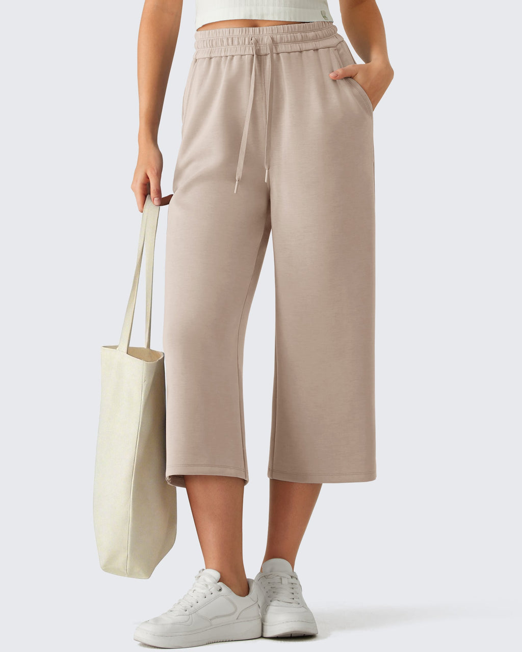 G4Free Smoofit Drawstring Wide Leg Capri Pants with Pockets