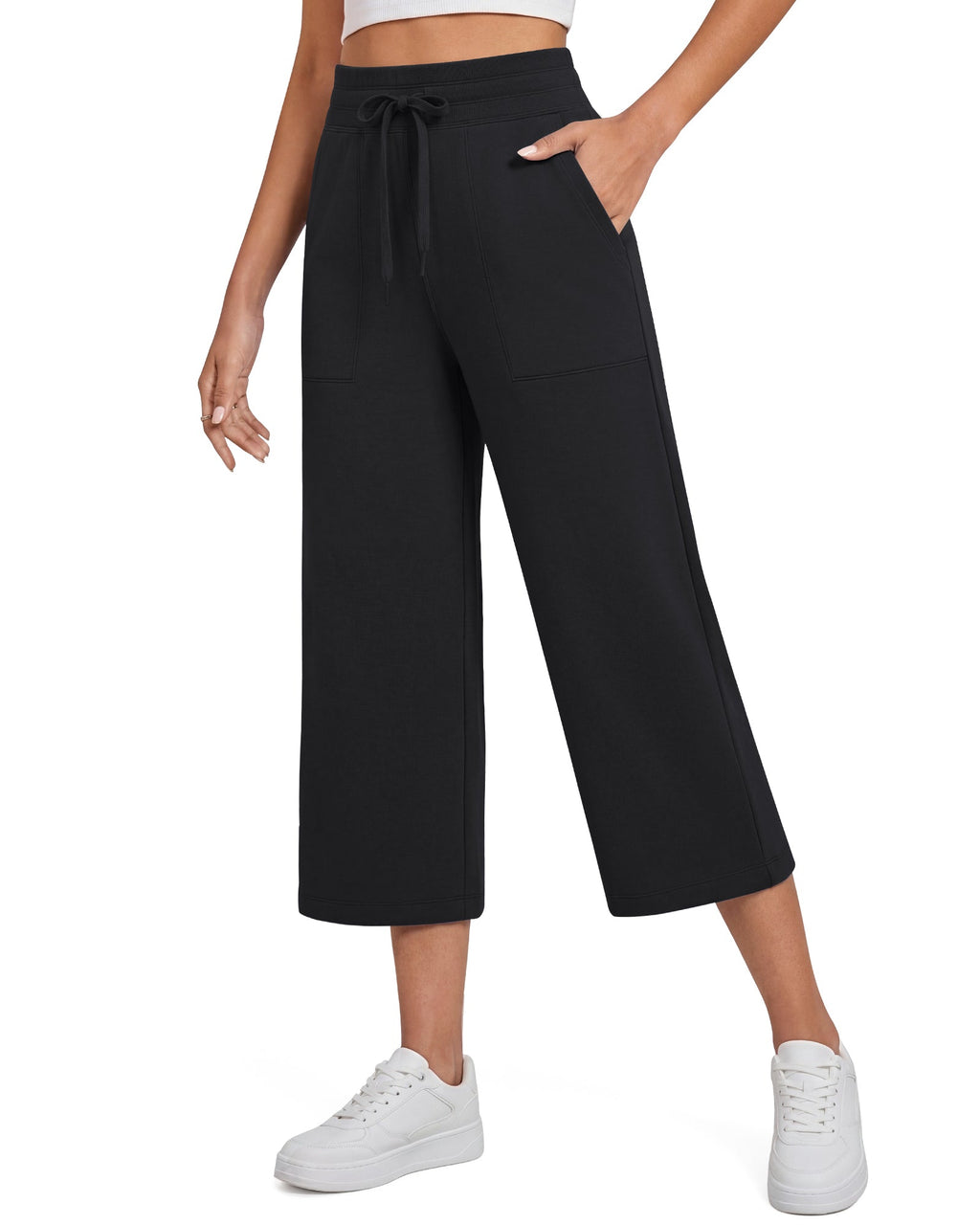 G4Free Smoofit High Waisted Drawstring Wide Leg Capris with Pockets