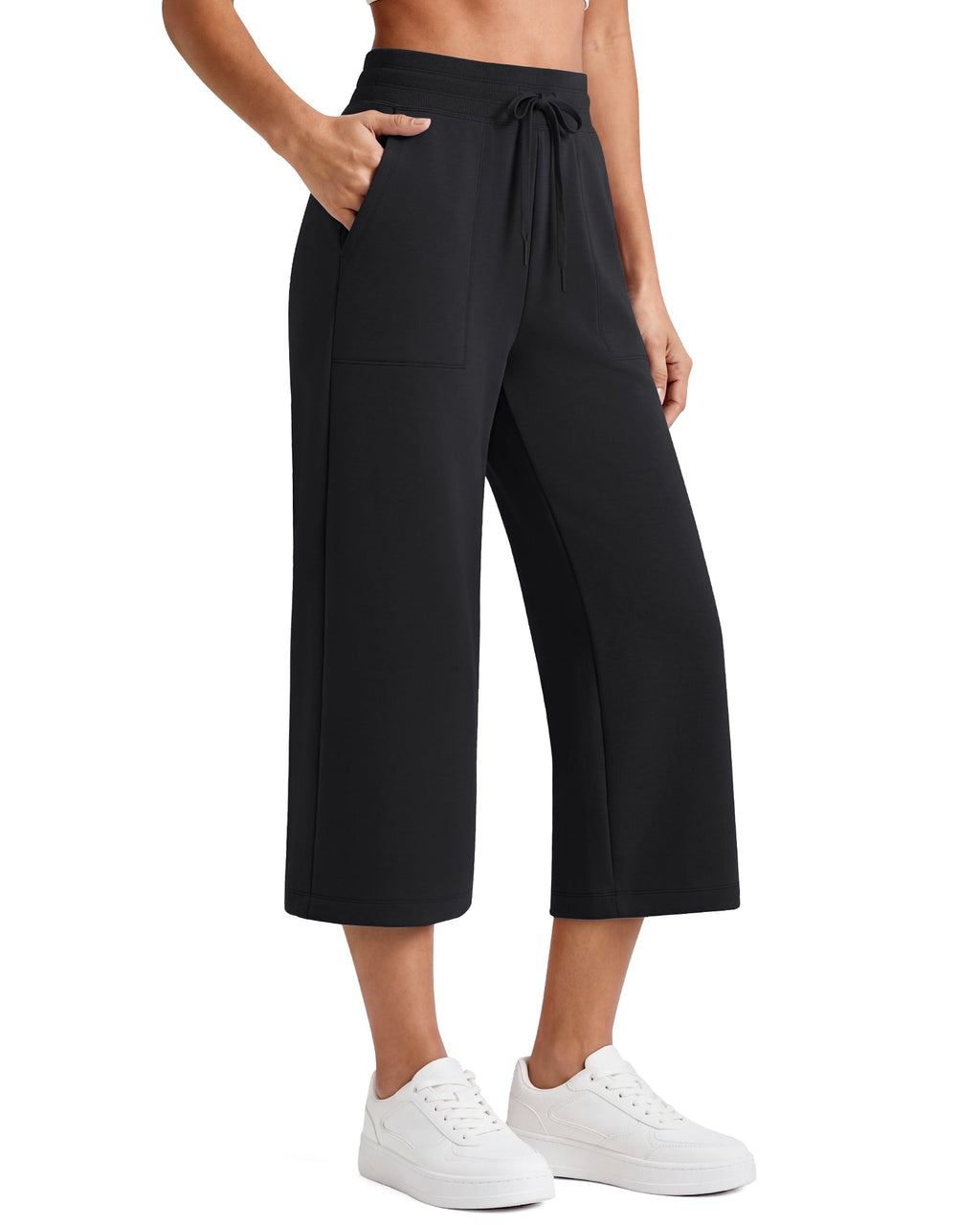 G4Free Smoofit High Waisted Drawstring Wide Leg Capris with Pockets