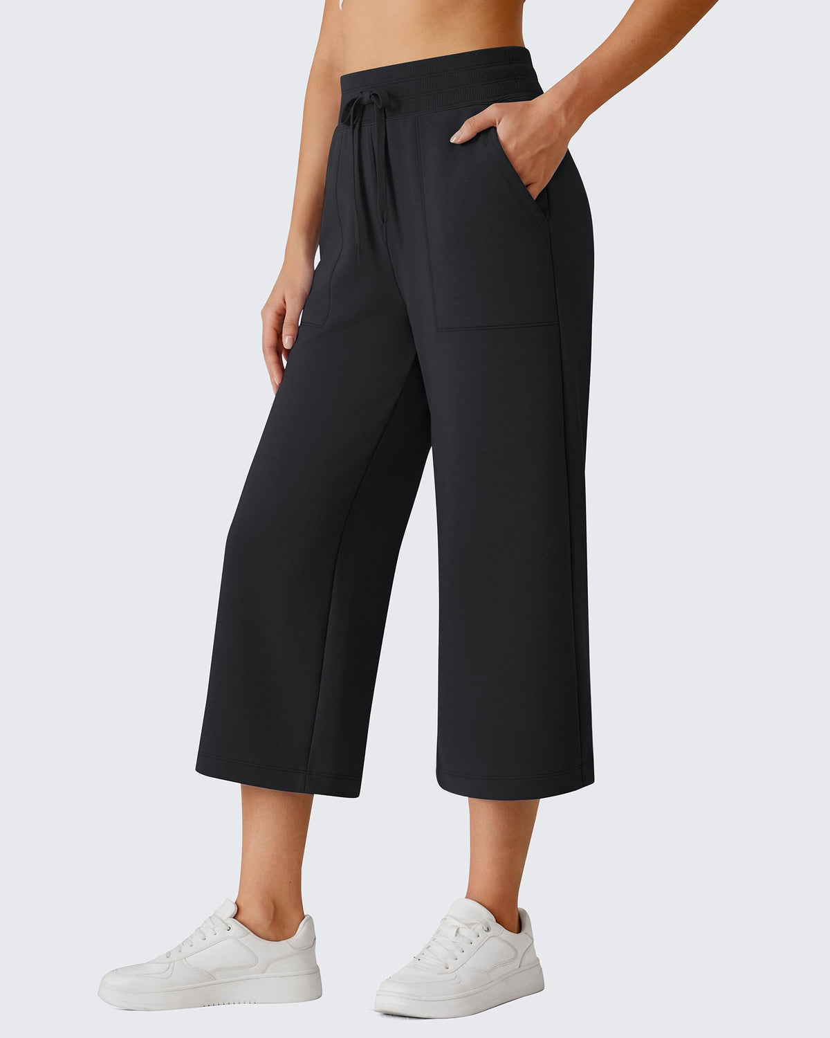 G4Free Smoofit High Waisted Drawstring Wide Leg Capris with Pockets
