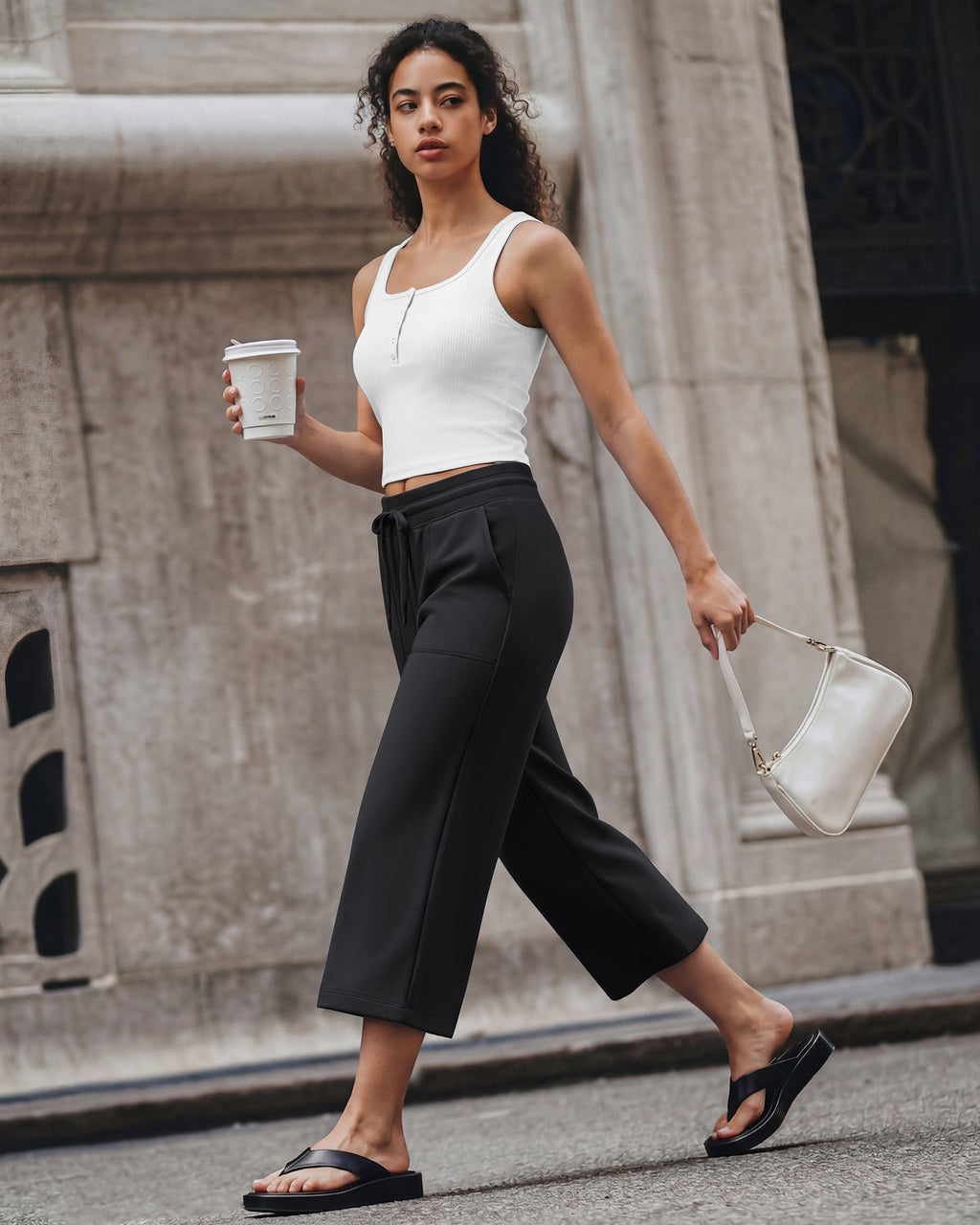 G4Free Smoofit High Waisted Drawstring Wide Leg Capris with Pockets