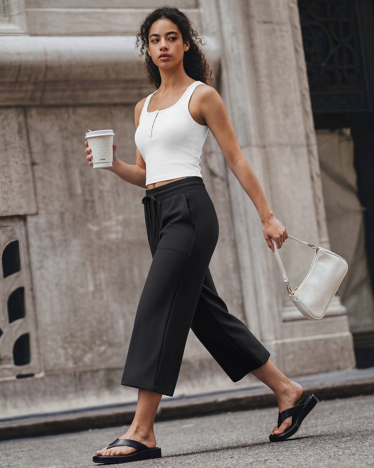 G4Free Smoofit High Waisted Drawstring Wide Leg Capris with Pockets