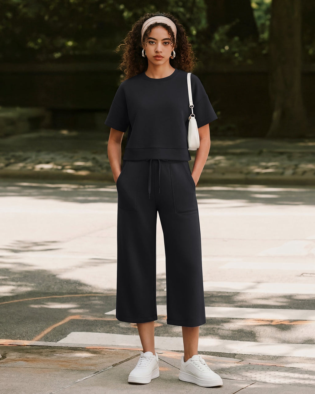 G4Free Smoofit High Waisted Drawstring Wide Leg Capris with Pockets