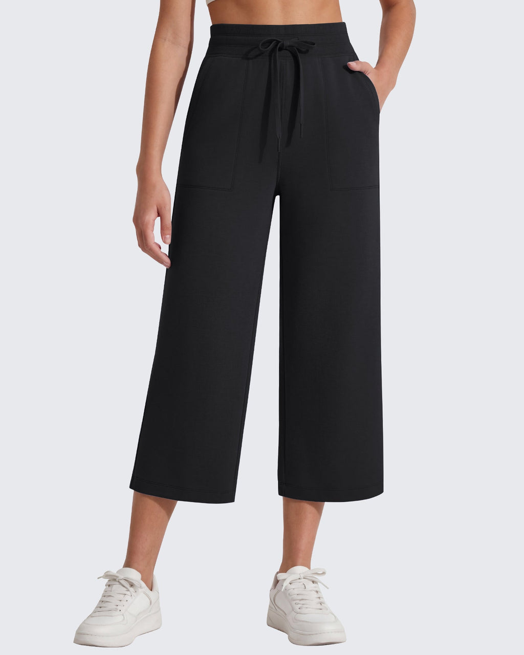G4Free Smoofit High Waisted Drawstring Wide Leg Capris with Pockets