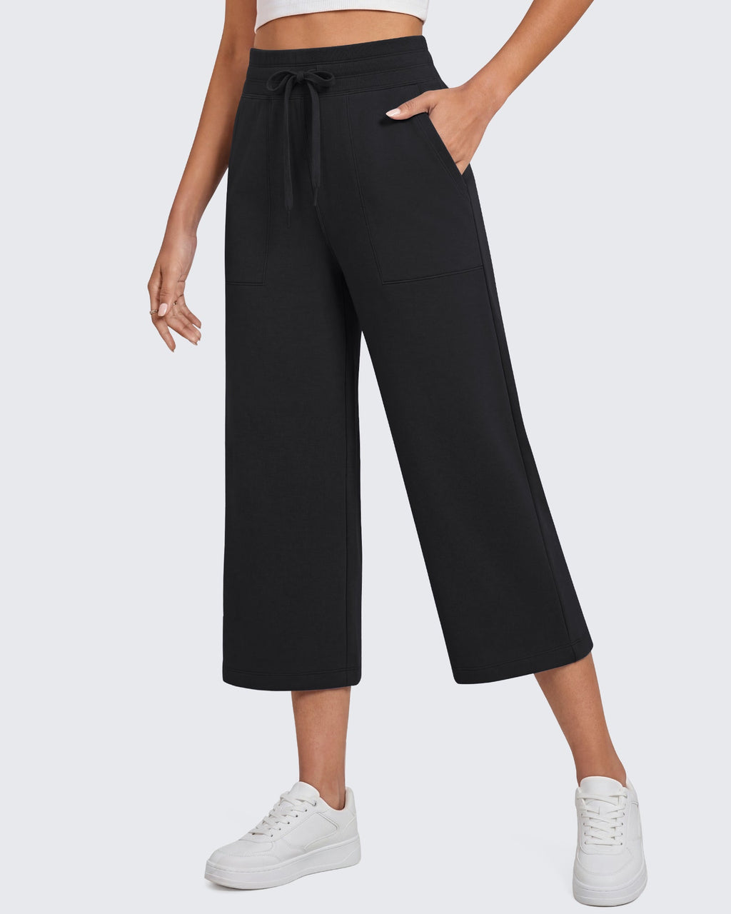 G4Free Smoofit High Waisted Drawstring Wide Leg Capris with Pockets