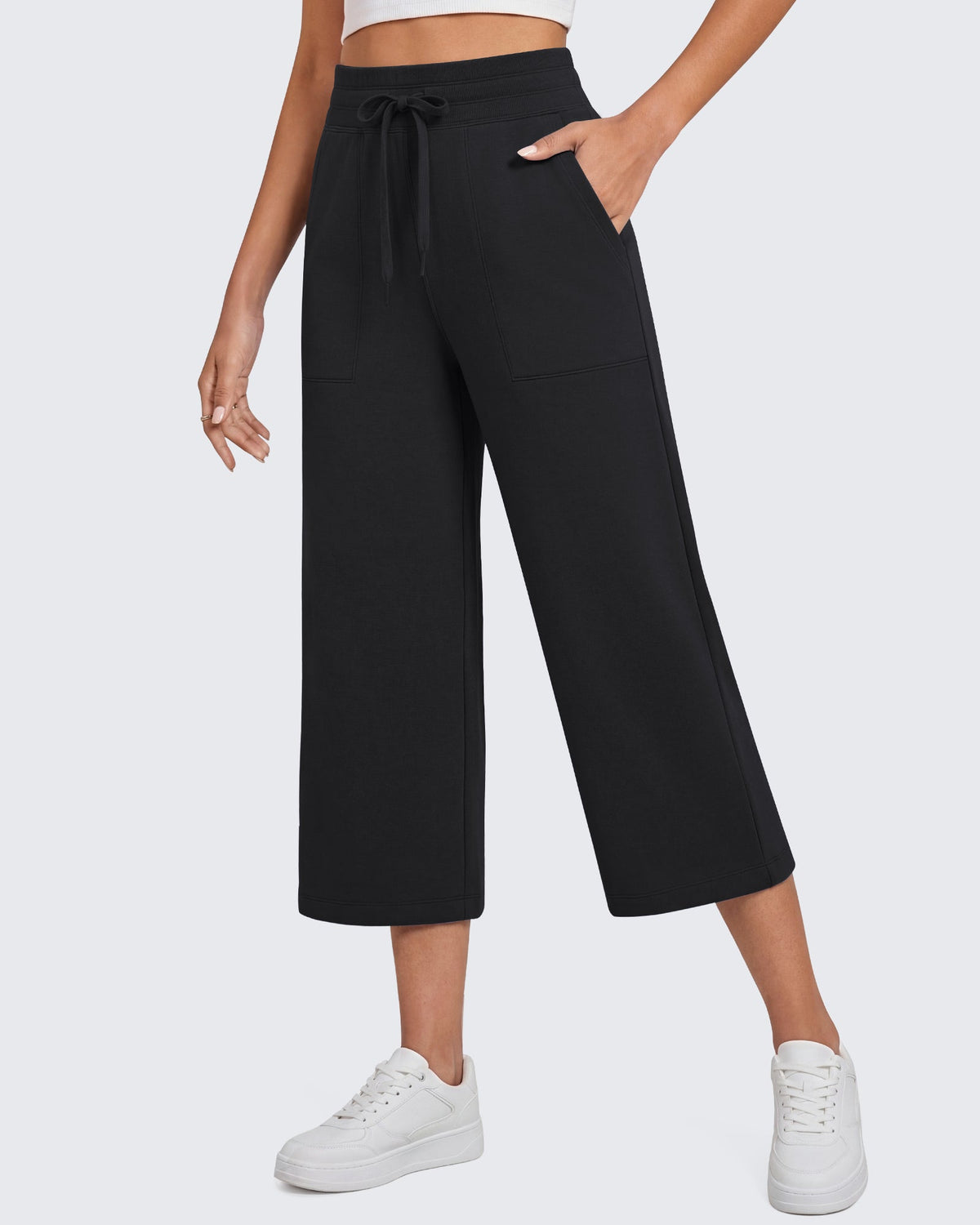 G4Free Smoofit High Waisted Drawstring Wide Leg Capris with Pockets