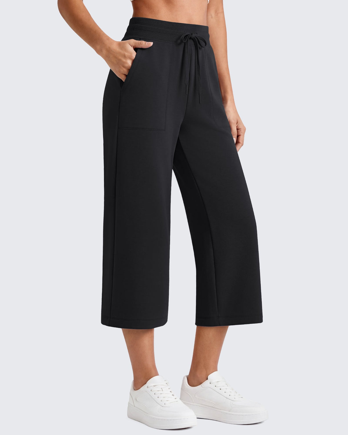 G4Free Smoofit High Waisted Drawstring Wide Leg Capris with Pockets