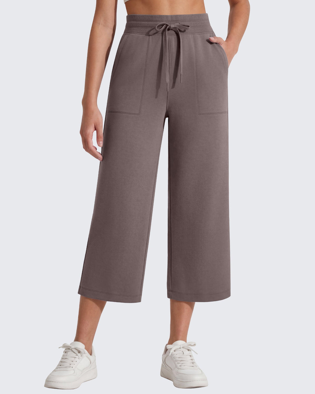 G4Free Smoofit High Waisted Drawstring Wide Leg Capris with Pockets