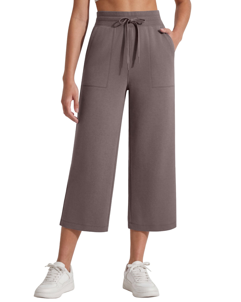G4Free Smoofit High Waisted Drawstring Wide Leg Capris with Pockets