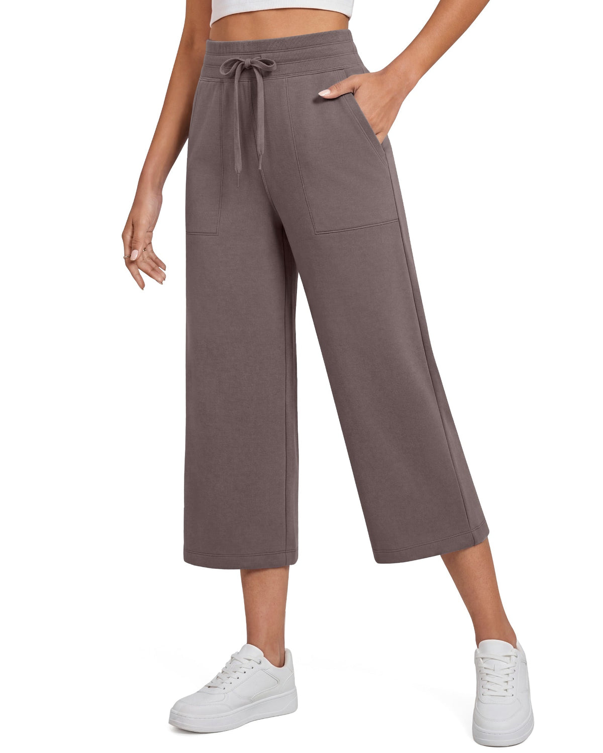 G4Free Smoofit High Waisted Drawstring Wide Leg Capris with Pockets