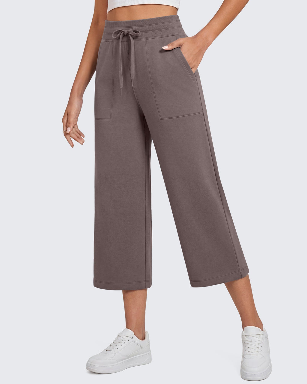 G4Free Smoofit High Waisted Drawstring Wide Leg Capris with Pockets