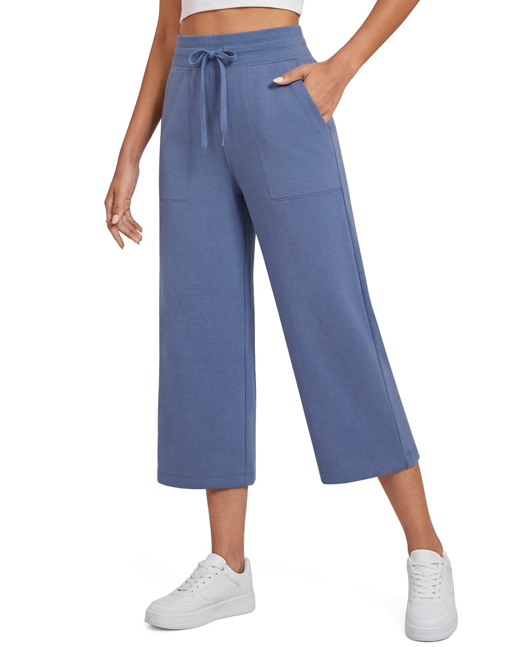G4Free Smoofit High Waisted Drawstring Wide Leg Capris with Pockets