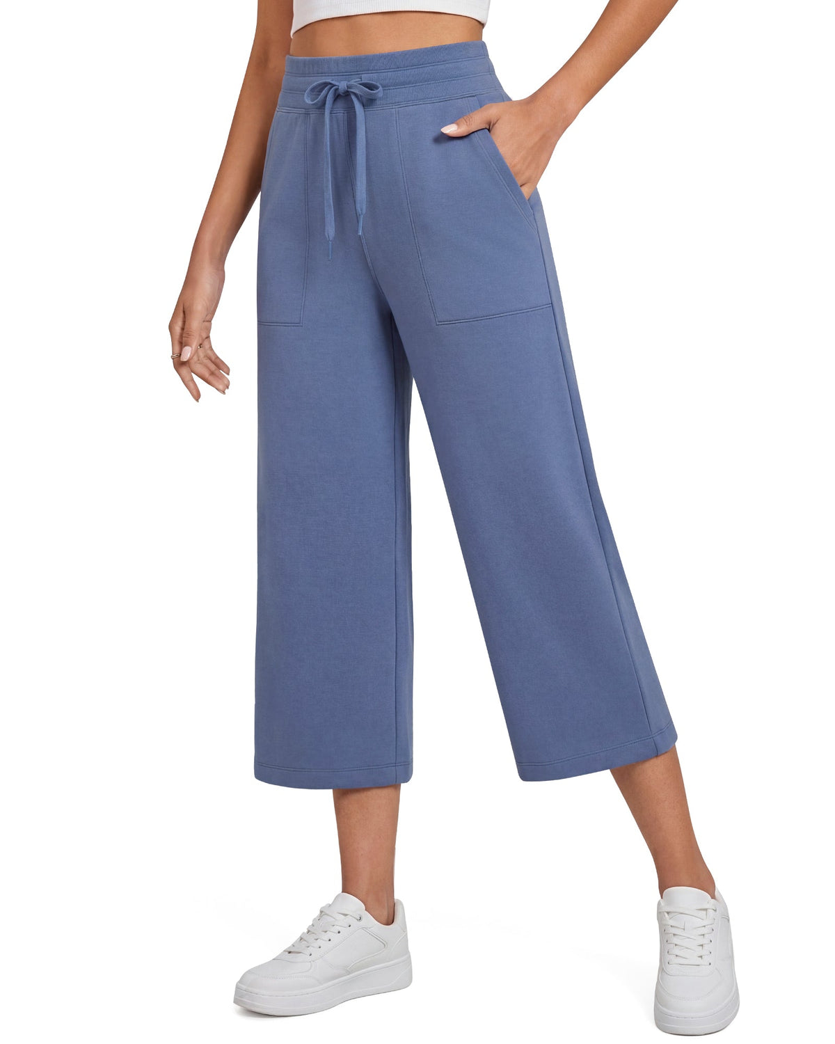 G4Free Smoofit High Waisted Drawstring Wide Leg Capris with Pockets