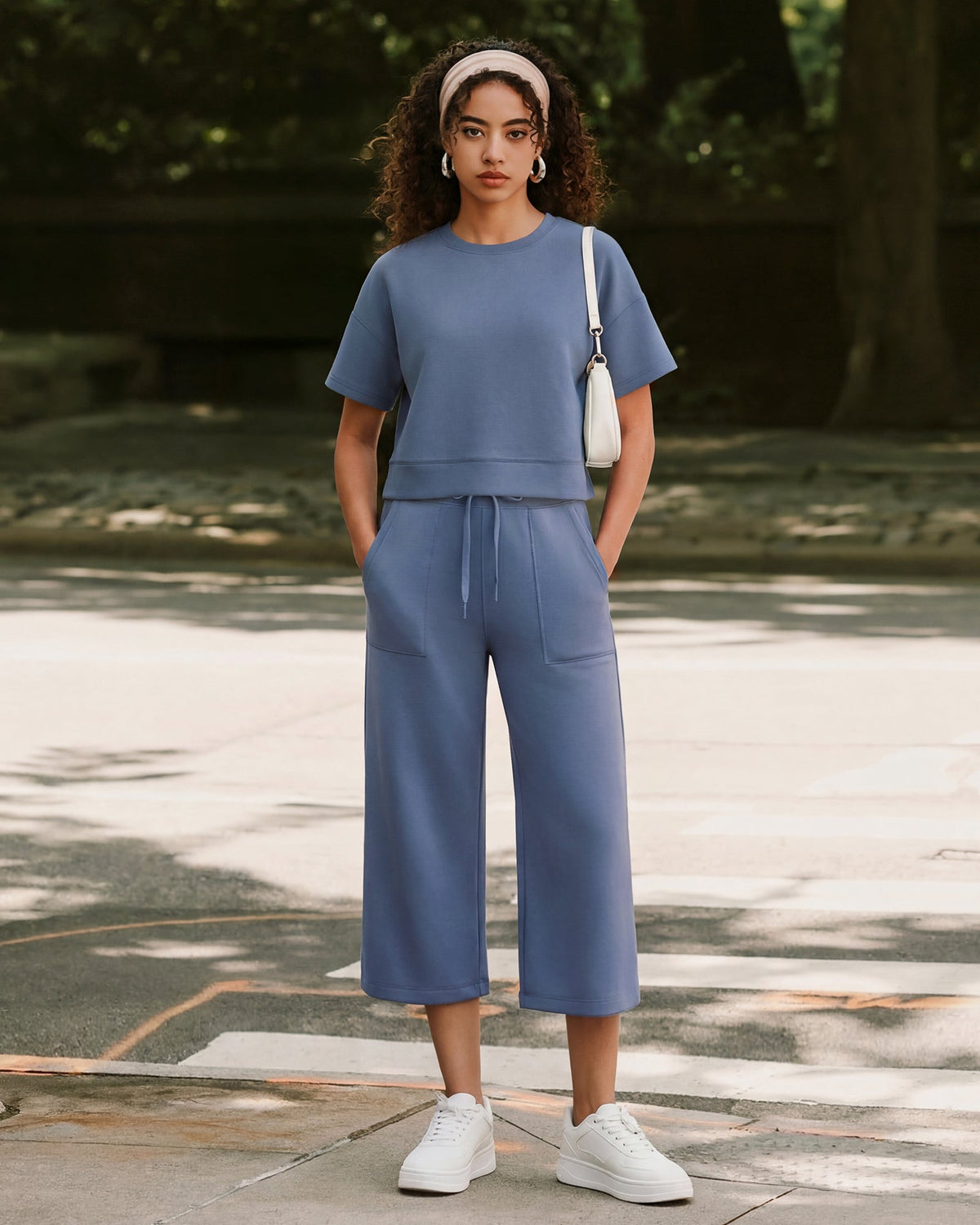 G4Free Smoofit High Waisted Drawstring Wide Leg Capris with Pockets