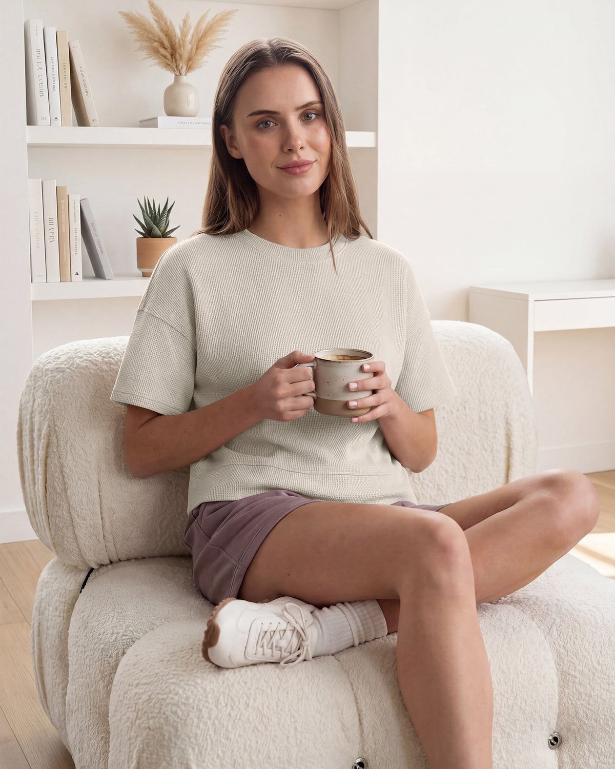 G4Free Soft Waffle Knit Crewneck Tee Breathable Loose Fit