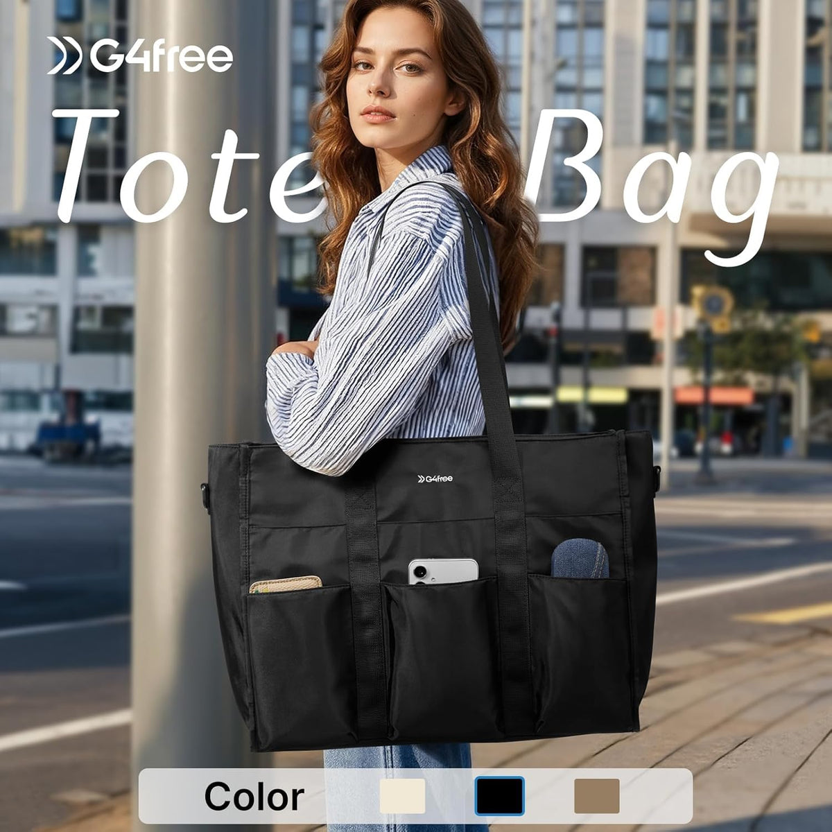G4Free Tote Bag, Multi-Compartment Large Capacity with Zipper Top Handle