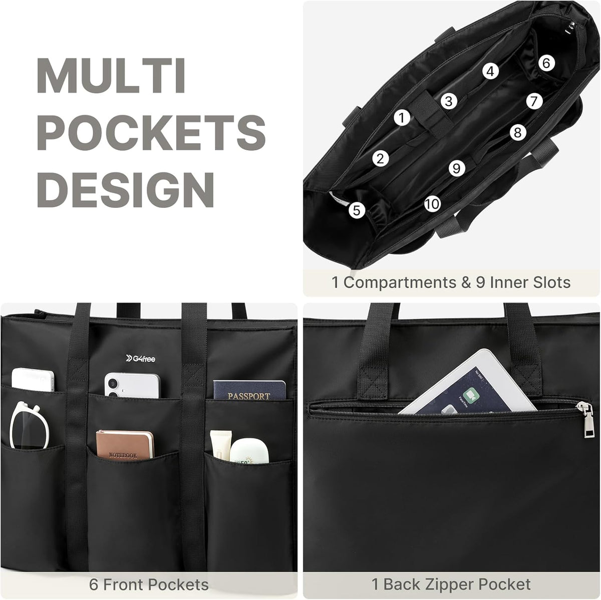 G4Free Tote Bag, Multi-Compartment Large Capacity with Zipper Top Handle