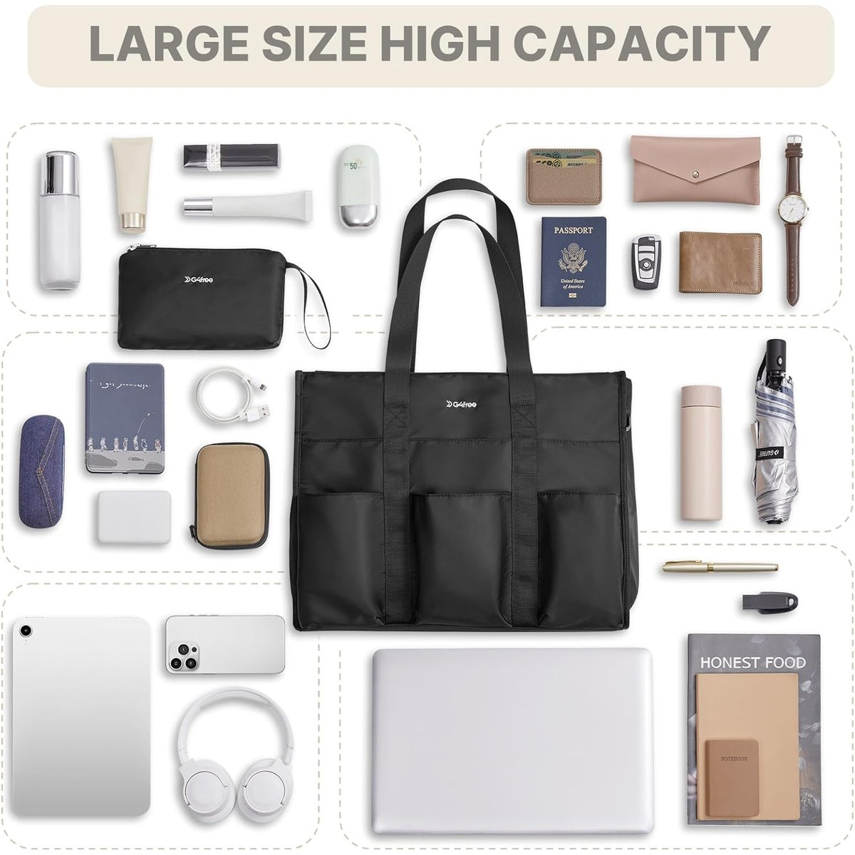 G4Free Tote Bag, Multi-Compartment Large Capacity with Zipper Top Handle