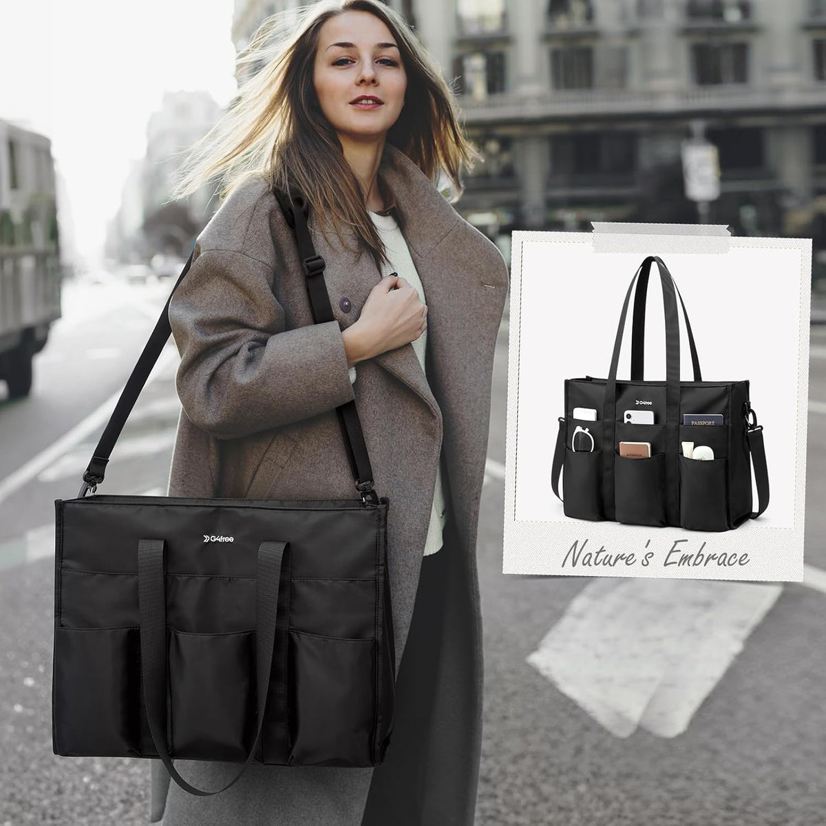 G4Free Tote Bag, Multi-Compartment Large Capacity with Zipper Top Handle