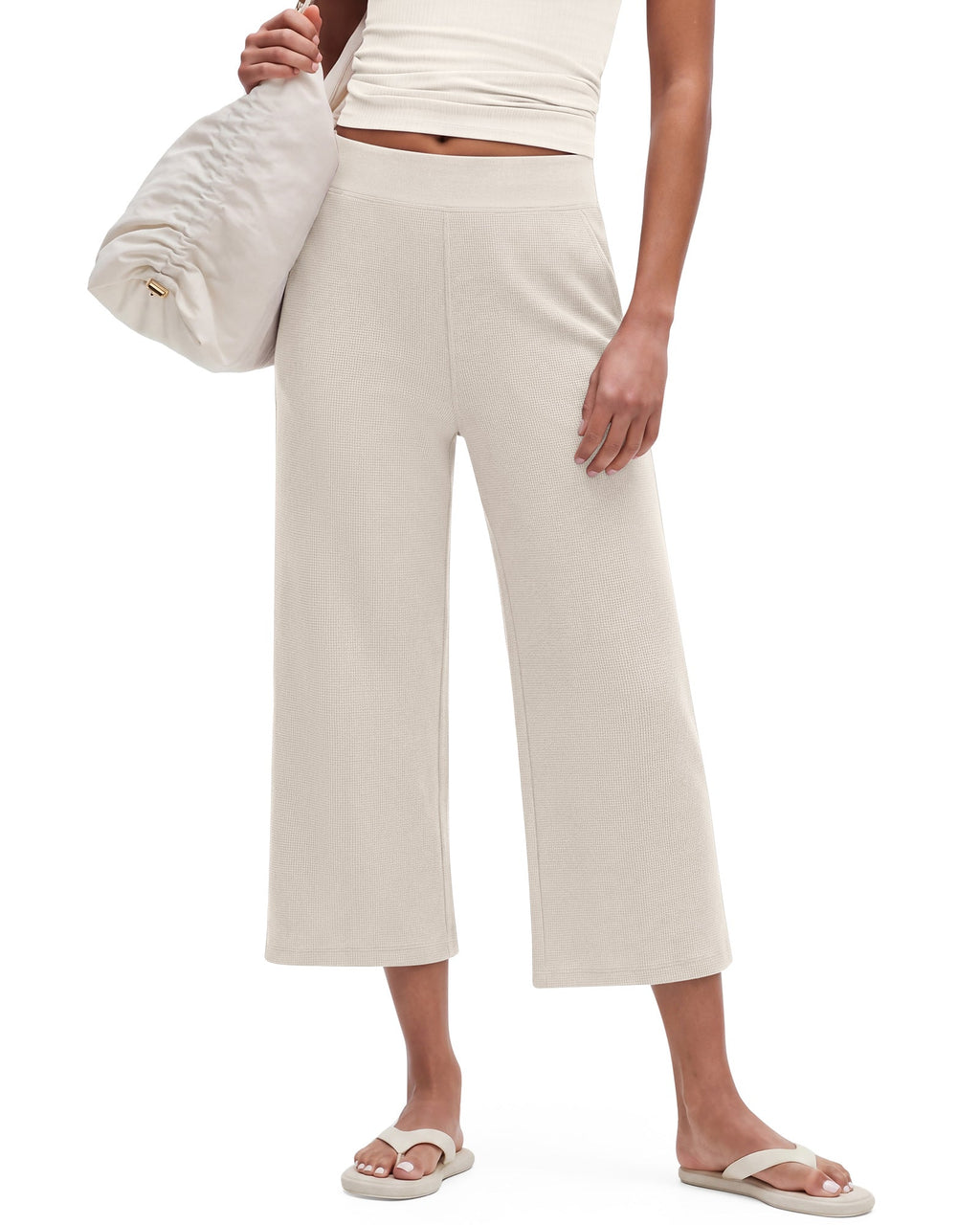 G4Free Waffle Wide Leg Capri Pants Cropped Sweatpants