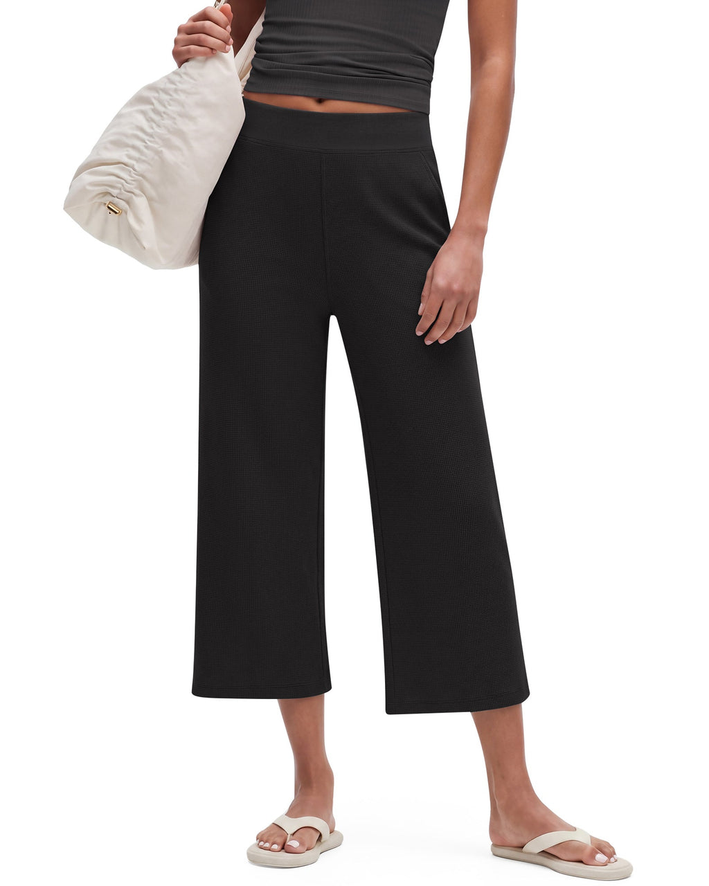 G4Free Waffle Wide Leg Capri Pants Cropped Sweatpants