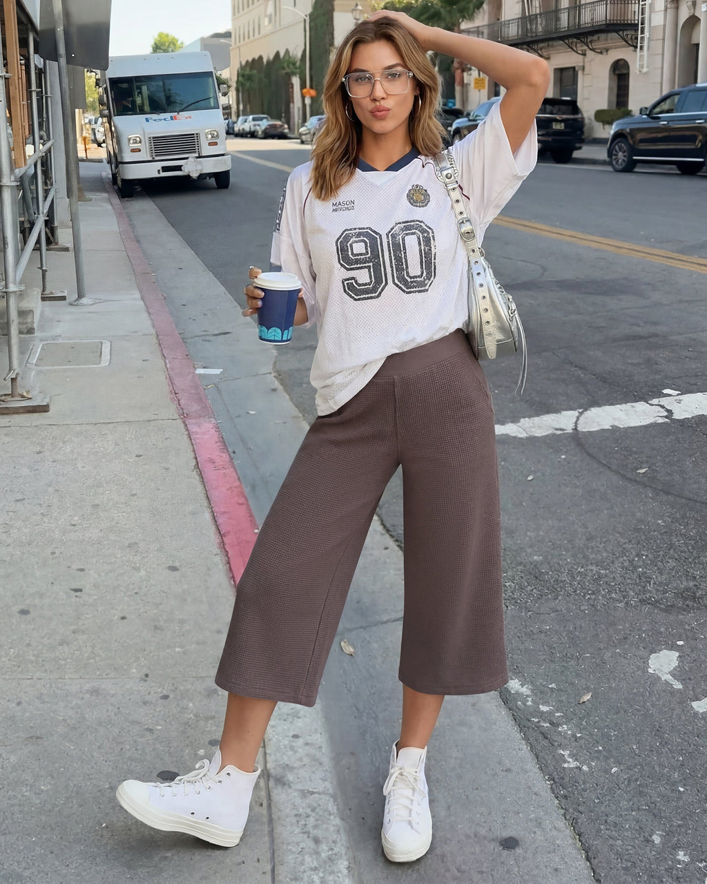 G4Free Waffle Wide Leg Capri Pants Cropped Sweatpants