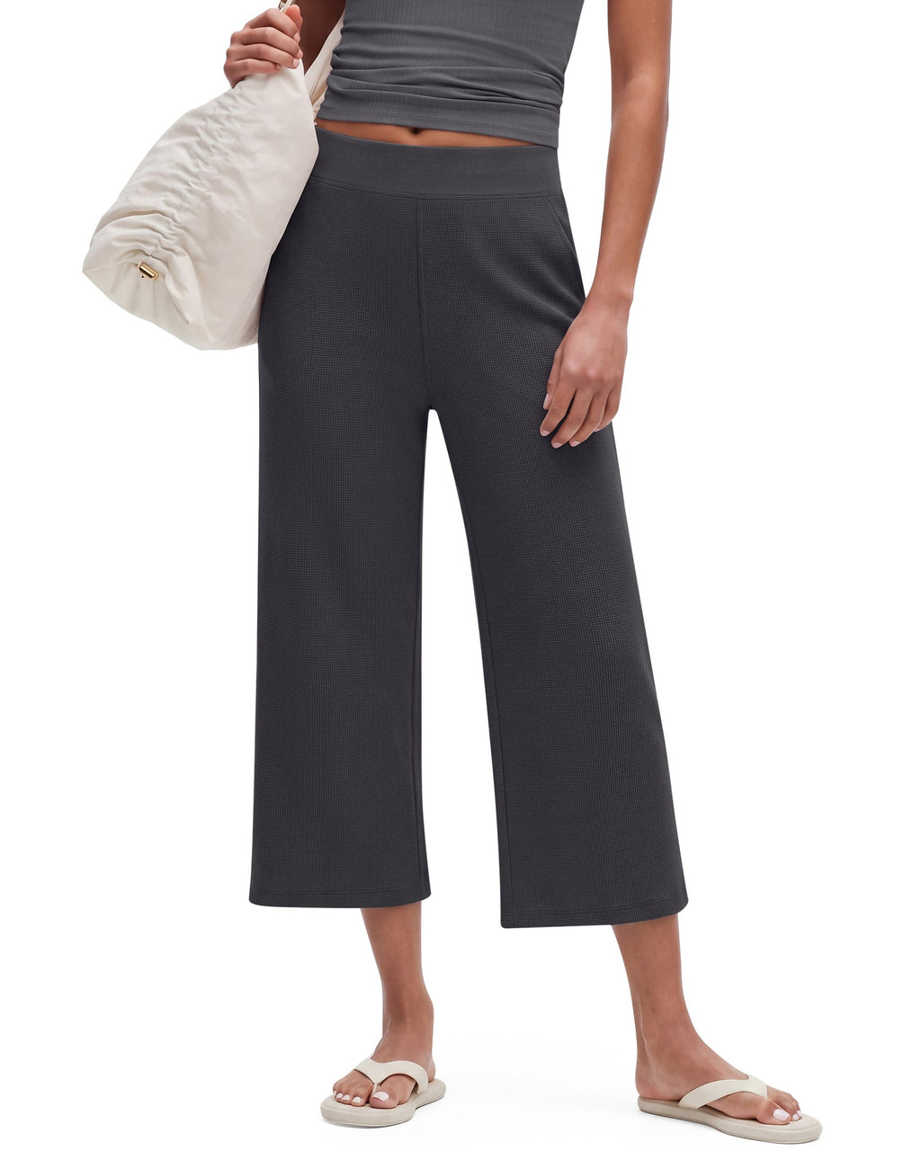 G4Free Waffle Wide Leg Capri Pants Cropped Sweatpants