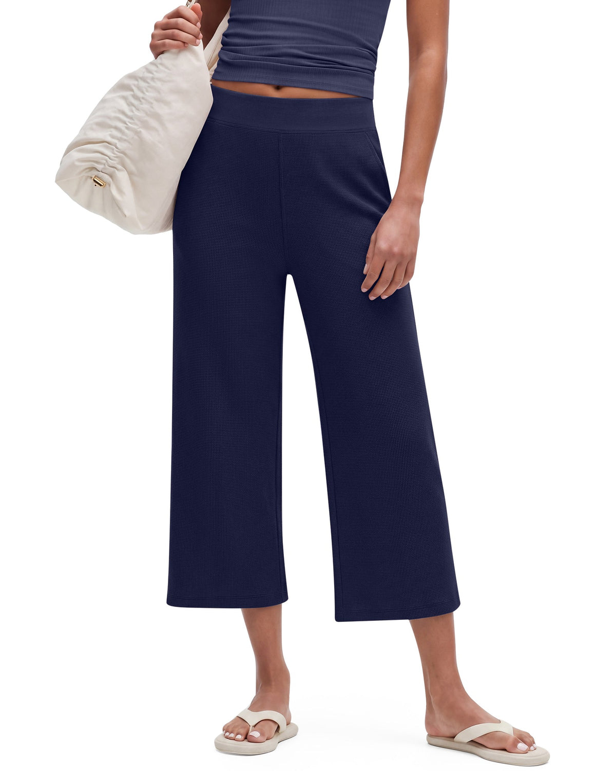 G4Free Waffle Wide Leg Capri Pants Cropped Sweatpants