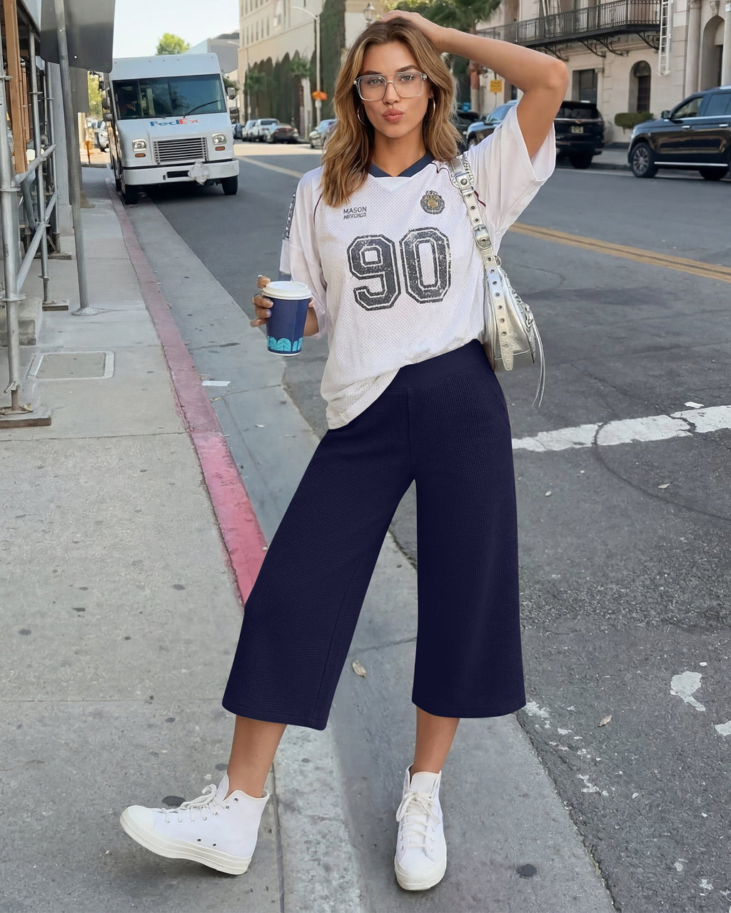 G4Free Waffle Wide Leg Capri Pants Cropped Sweatpants