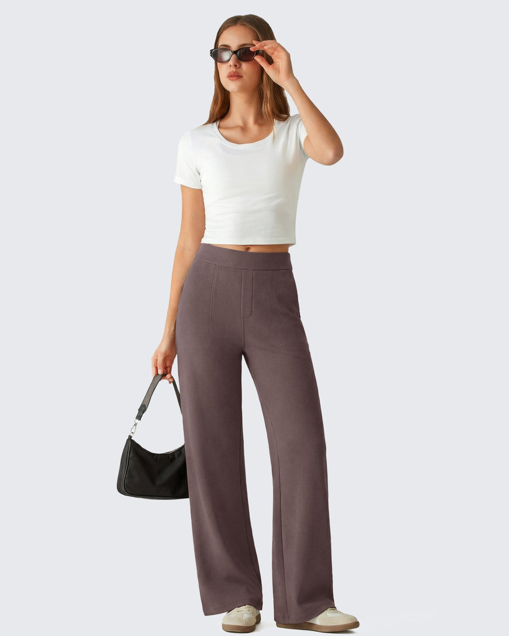 G4Free Waffle Wide Leg Pull On Dress Pants High Waisted Stretchy