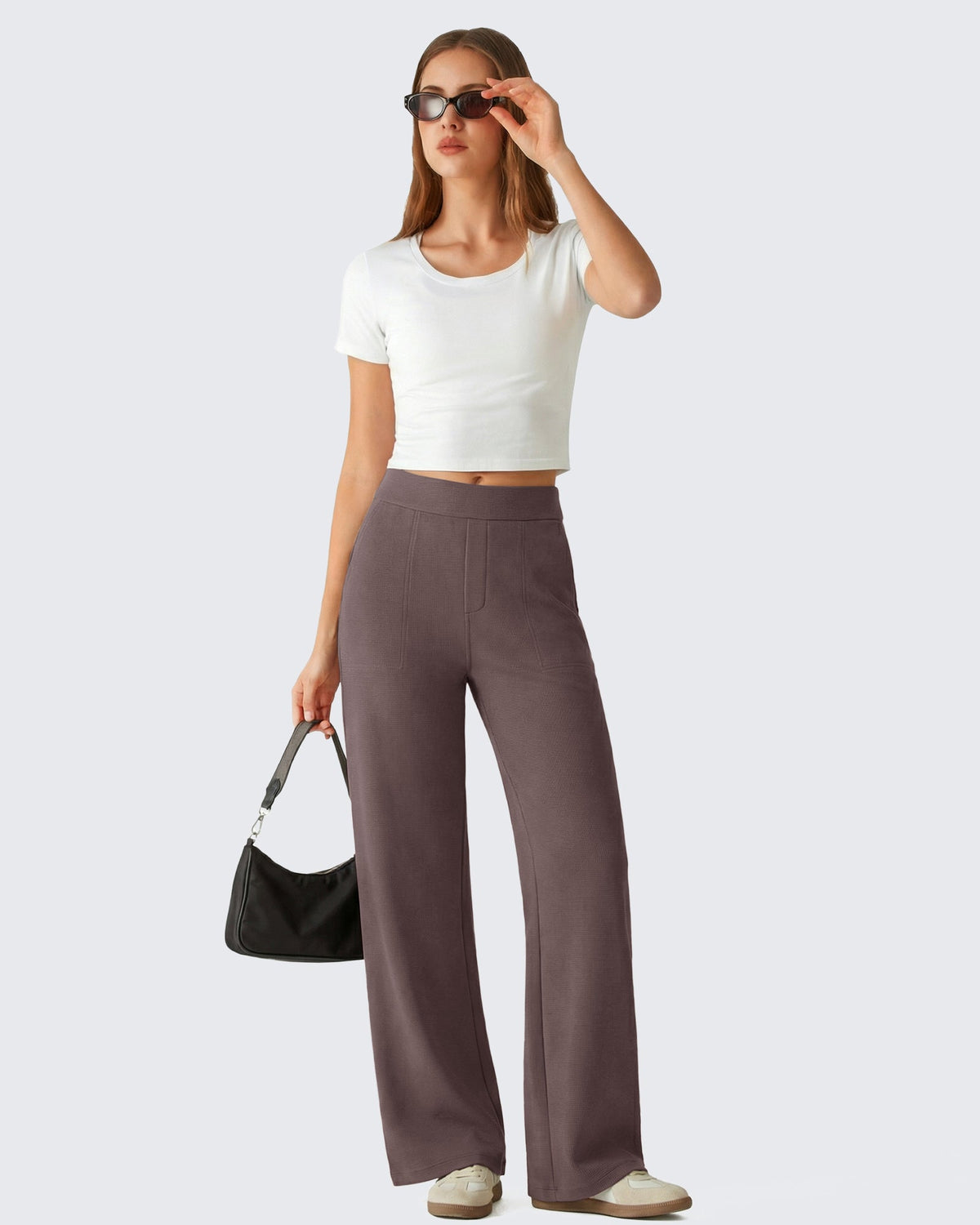 G4Free Waffle Wide Leg Pull On Dress Pants High Waisted Stretchy