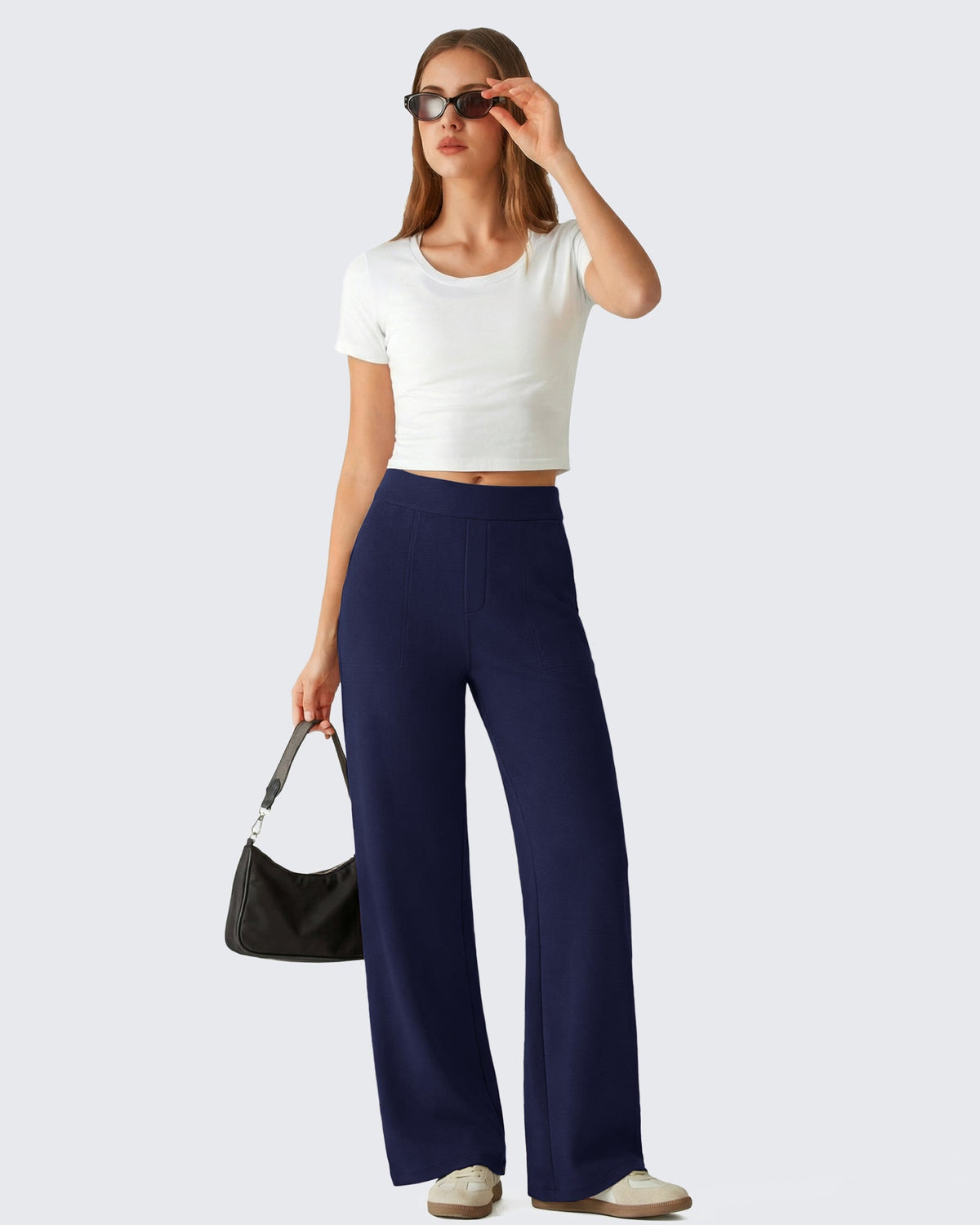 G4Free Waffle Wide Leg Pull On Dress Pants High Waisted Stretchy