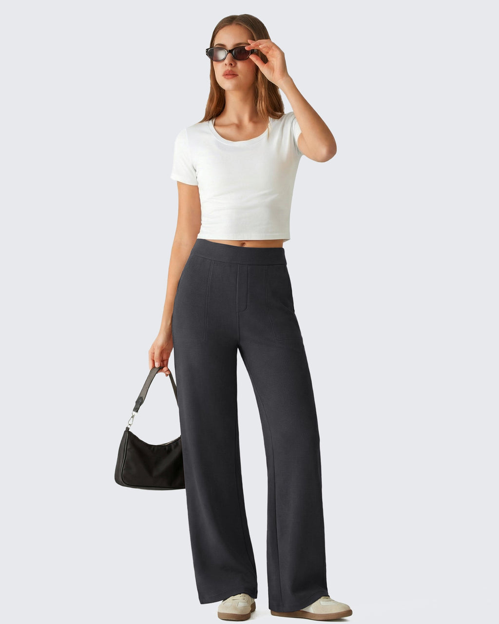 G4Free Waffle Wide Leg Pull On Dress Pants High Waisted Stretchy