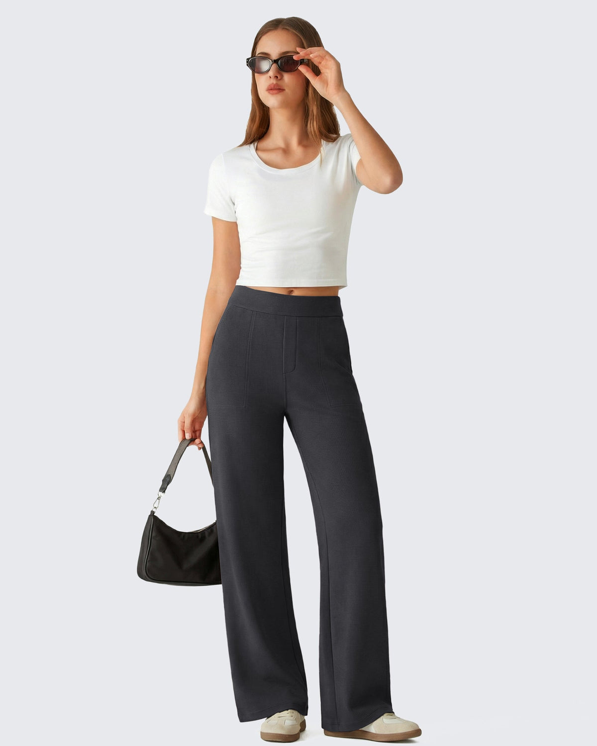 G4Free Waffle Wide Leg Pull On Dress Pants High Waisted Stretchy