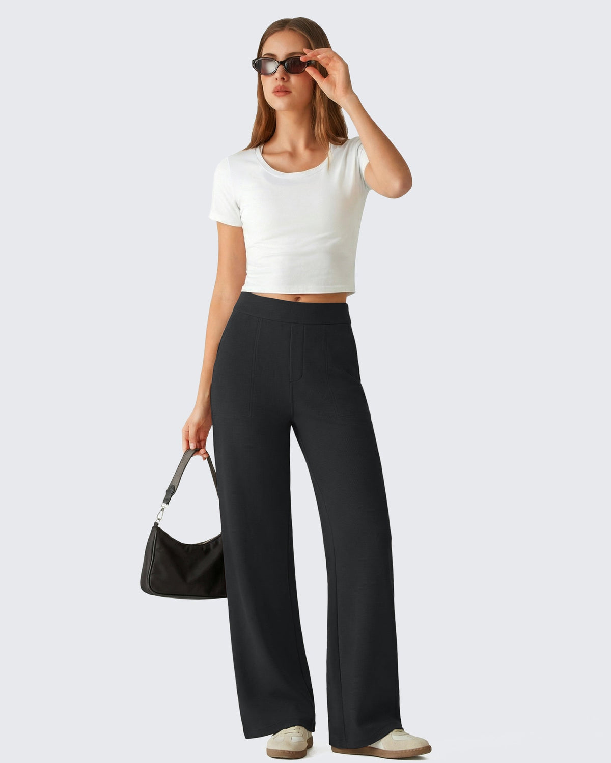 G4Free Waffle Wide Leg Pull On Dress Pants High Waisted Stretchy