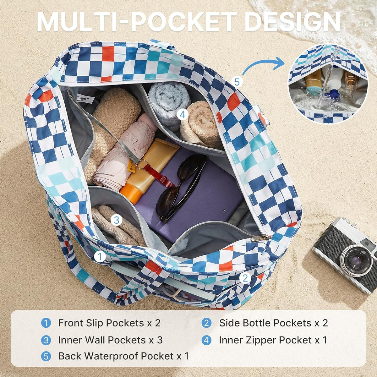 Large Foldable Waterproof Sandproof Beach Tote Bag with Zipper