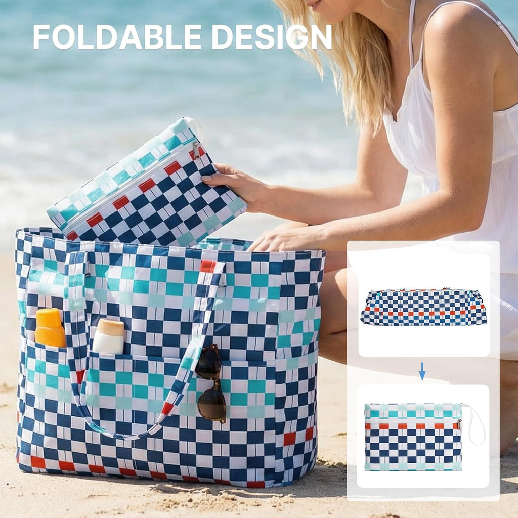 Large Foldable Waterproof Sandproof Beach Tote Bag with Zipper