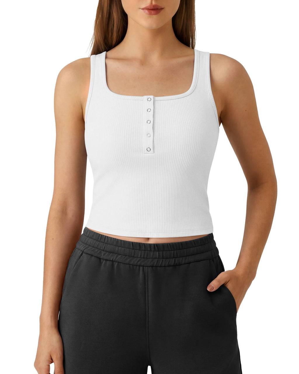 Neck Sleeveless Crop Tops G4Free Ribbed Cropped Henley Tank Top