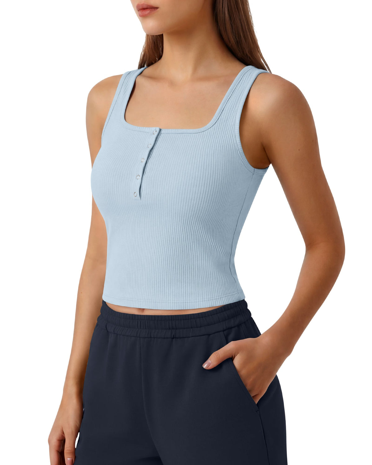 Neck Sleeveless Crop Tops G4Free Ribbed Cropped Henley Tank Top