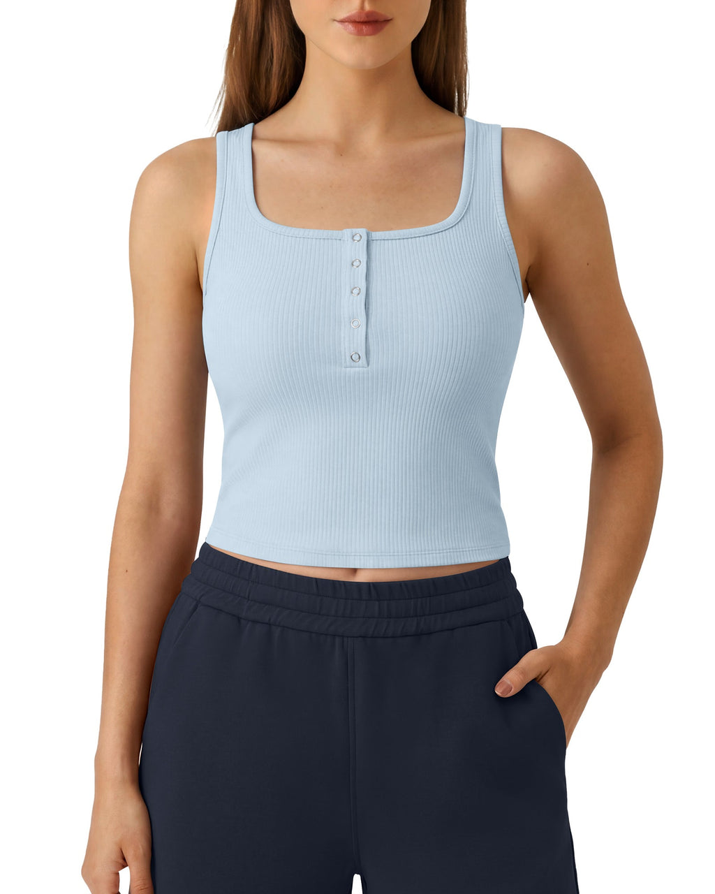 Neck Sleeveless Crop Tops G4Free Ribbed Cropped Henley Tank Top