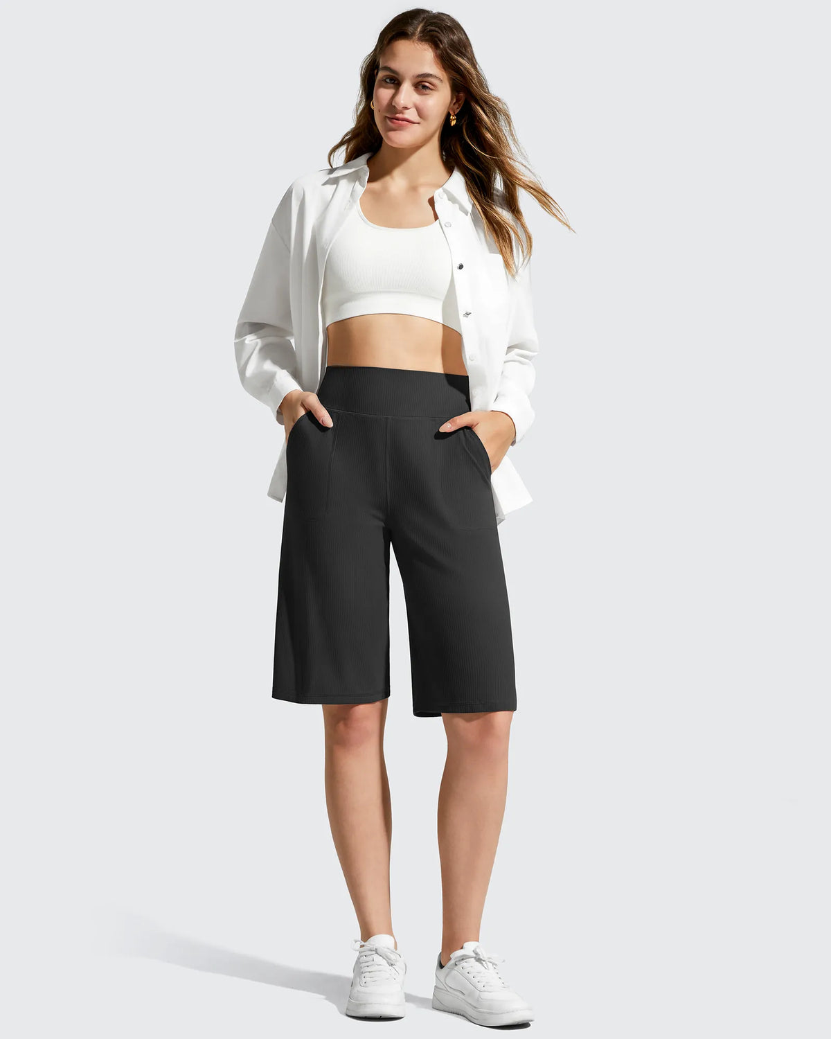 Ribbed Bermuda High-Waist Knee Length Shorts 11''
